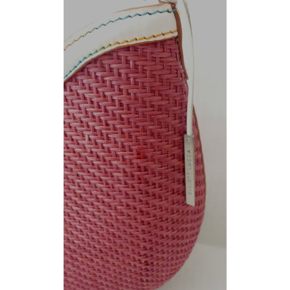 Pink Wicker Handbag Rattan White Leather Handle Buckle Elliott Lucca Colorful - Picture 4 of 13